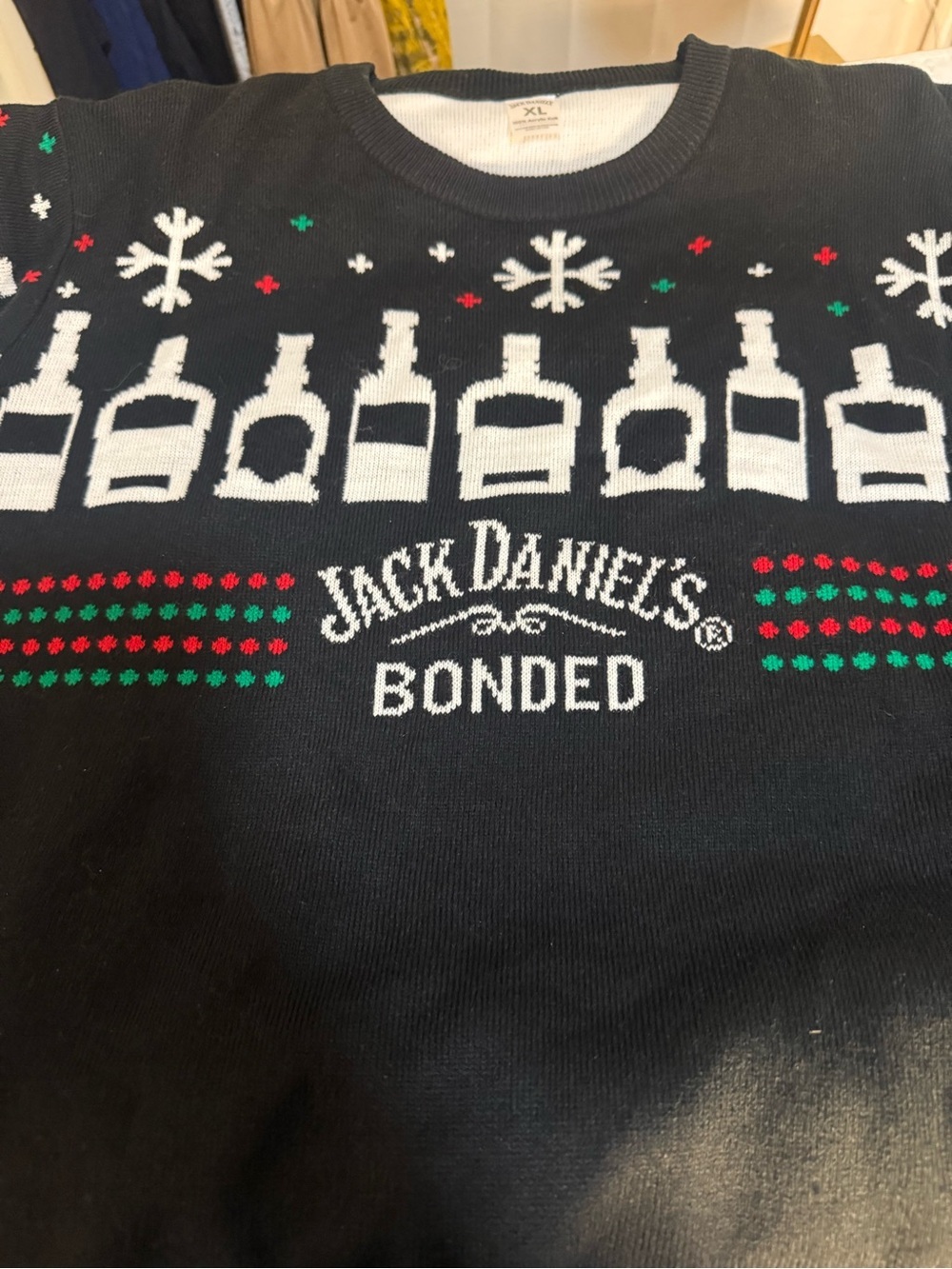 Jack Daniels Ugly Christmas Sweater XL Black Whiskey Bottle Knit Holiday - Picture 6 of 6